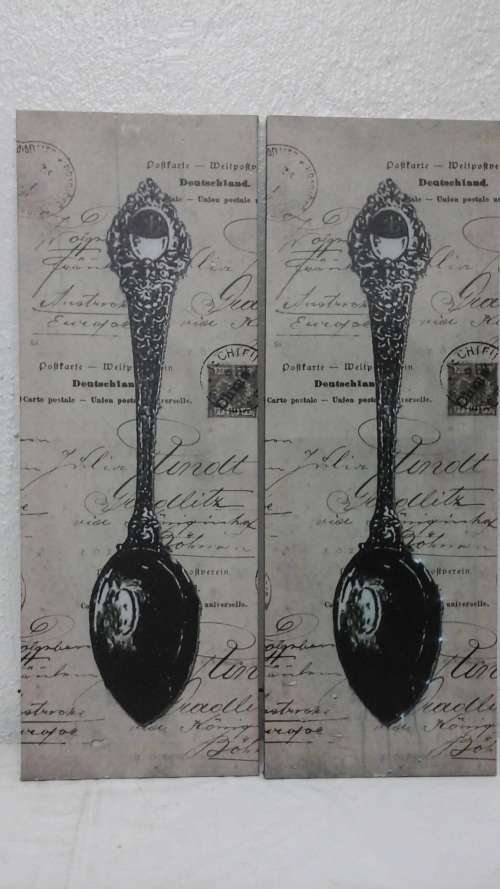 TWO EXQUISITE WALL ART CANVASES OF AN ELEGANT TEASPOON AGAINST CURSIVE WRITING. GORGEOUS!.