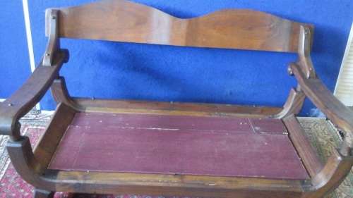 TWO AWESOME VINTAGE POSSIBLY KIAAT SOLID WOODEN TWO SEATER ARM CHAIRS. NO CUSHION. FANTASTIC!