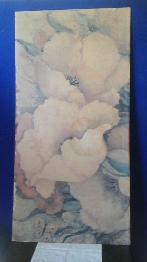 ABSOLUTELY TERRIFIC VINTAGE PRINT ON BOARD OF POPPIES IN A IN A GARDEN. SIGNED MILLER SMITH!