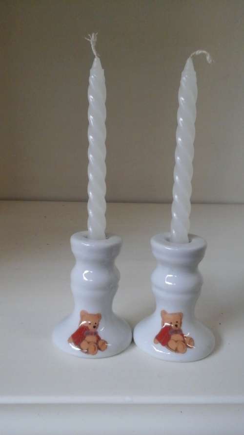 TWO SIMPLY EXQUISITE CERAMIC/ PORCELAIN TEDDY BEAR CANDLE HOLDERS. GROEGOUS & USEFUL!
