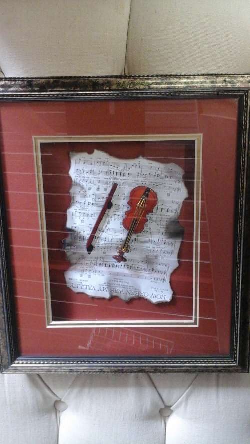 SIMPLY TERRIFIC FRAMED MUSIC SHEET AND MINIATURE VIOLIN. BEAUTIFUL PIECE!