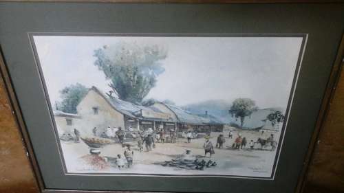MAGNIFICENT VINTAGE PHILIP BAWCOMBE SIGNED PRINT OF A MARKET IN SWAZILAND. FANTASTIC!