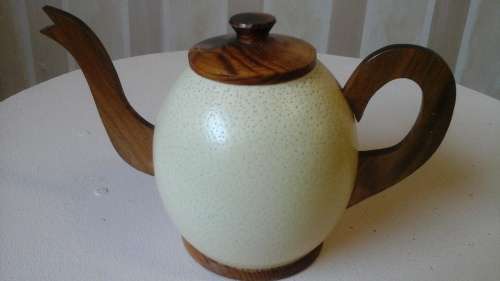 INCREDIBLE AND UNUSUAL ORNAMENTAL OSTRICH EGG TEAPOT. PHENOMENAL DECORATIVE PIECE!