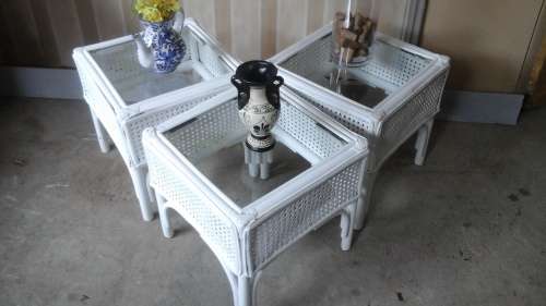 SPECTACULAR.  THREE CANE AND GLASS WHITE PAINTED OCCASIONAL TABLES.  PERFECT FOR ANY COLOUR SCHEME