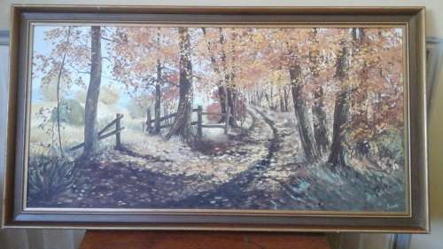 STRIKING FRAMED OIL ON BOARD OF FOREST WALKWAY. SIGNED JESSIE. STUNNING PIECE!