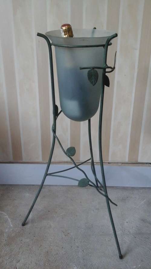 SIMPLY EXQUISITE FROSTED GLASS ICE BUCKET AND WROUGHT IRON STAND. SPECTACULAR PIECE!