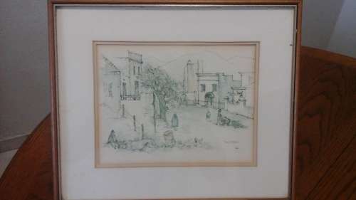 A VINTAGE PRINT OF A VILLAGE IN A BEAUTIFUL WOODEN FRAME BY TERRY NIEHAUS DATED  84