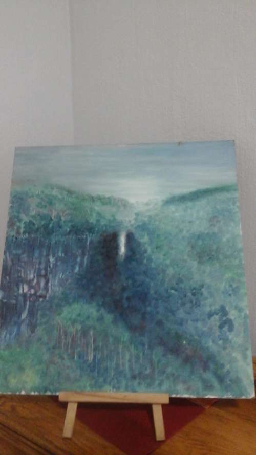 MARVELLOUS UNFRAMED UNSIGNED UNFRAMED POSSIBLY ACRYLLIC PAINTING OF A WATERFALL IN  THE MOUNTAINS