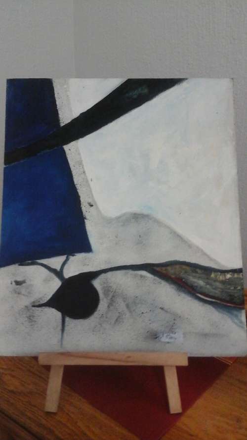 UNUSUAL ABSTRACT POSSIBLY ACRYLLIC UNSIGNED UNFRAMED PAINTING. MAKES YOU THINK