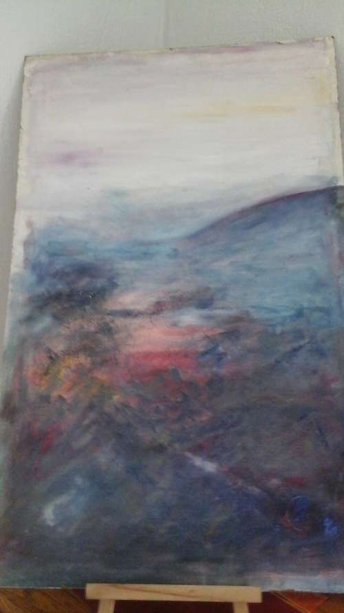 UNUSUAL  POSSIBLY ACRYLLIC UNSIGNED UNFRAMED PAINTING. MAKES YOU THINK