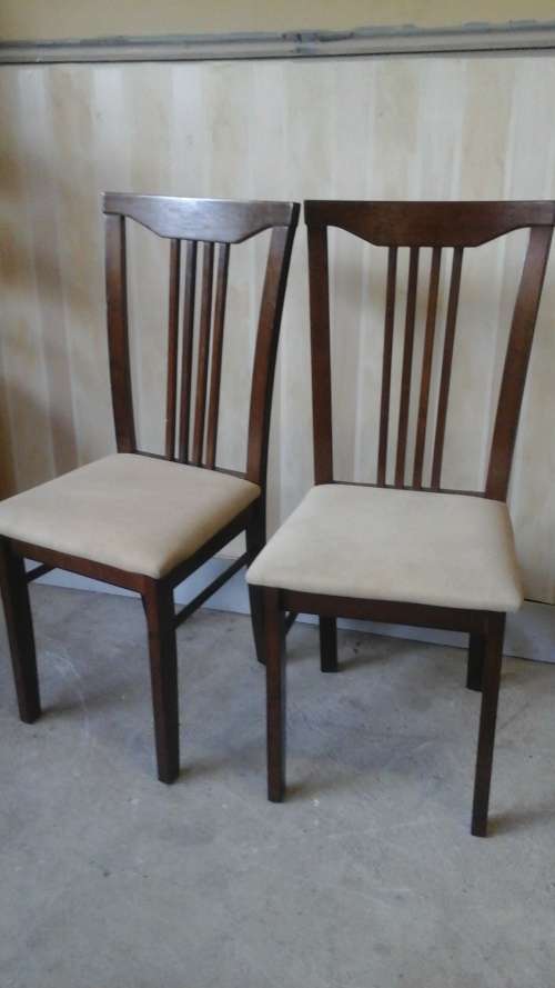 TWO SUPERB ANTIQUE LOOKING DARK WOOD AND FABRIC DINING ROOM CHAIRS, AWESOME  DETAILING