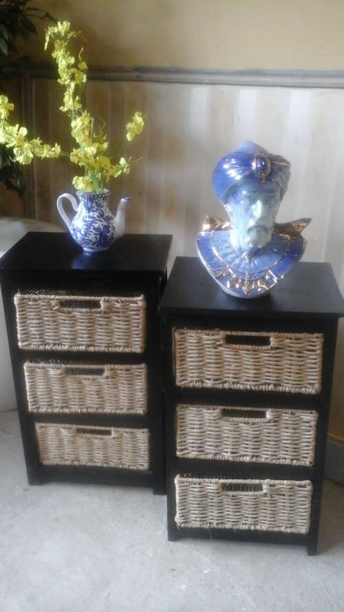 TWO INCREDIBLE SEA GRASS AND WOOD BED SIDE PEDESTALS. THREE DRAWERS EACH. STUNNING SET!