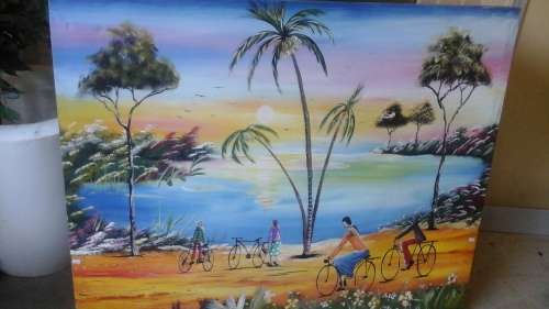 SPECTACULAR PAINTING ON CANVAS OF PEOPLE CYCLING ALONG THE WATERS EDGE. MAGNIFICENT PIECE!