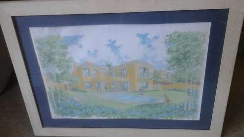 FANTASTIC FRAMED PRINT OF A HOME AND GARDEN. SIGNED ALMERO OOSTHUIZEN 2000. GORGEOUS PIECE!