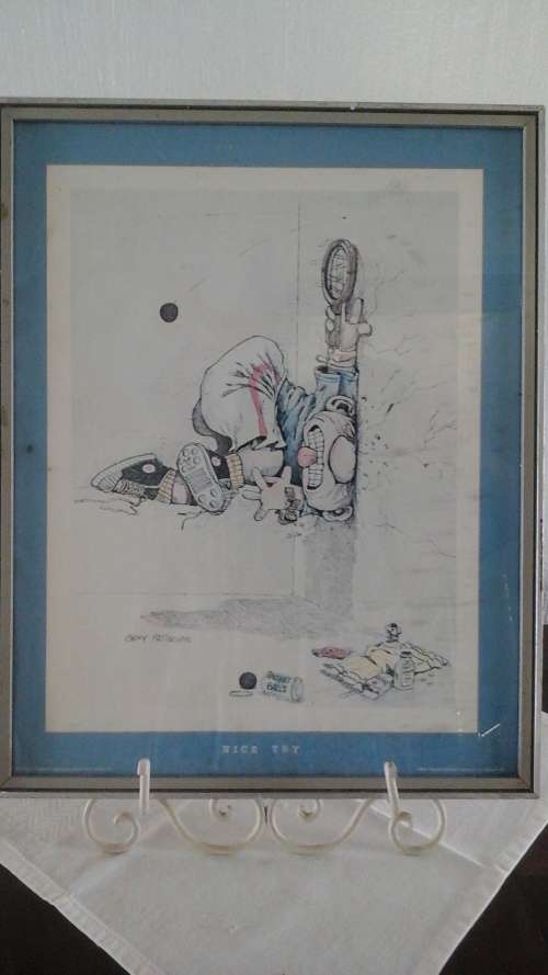 A FANTASTIC VINTAGE COMIC PRINT BY GARY PATTERSON DATED 1986 ENTITLED NICE TRY. CUTE