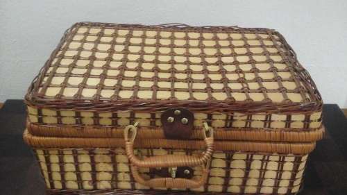 AMAZING VINTAGE WOOD AND RATTAN PICNIC BASKET. SIMPLY INCREDIBLE PIECE! EVEN HAS CONTENTS
