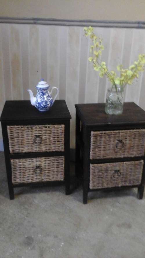 TWO INCREDIBLE SEA GRASS AND WOOD BED SIDE PEDESTALS. TWO DRAWERS EACH. STUNNING SET! BID PER EACH