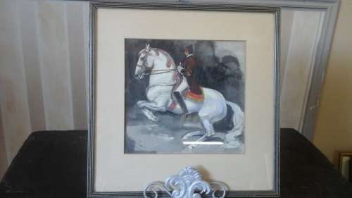 STUNNING FRAMED PRINT/ PAINTING? OF A GENTLEMAN AND HIS HORSE. SIGNATURE NOT CLEAR. TERRIFIC!