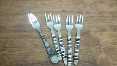 AWESOME SET OF 5 CAKE FORKS WITH GORGEOUS BEADED HANDLES. FANTASTICALLY USEFUL!