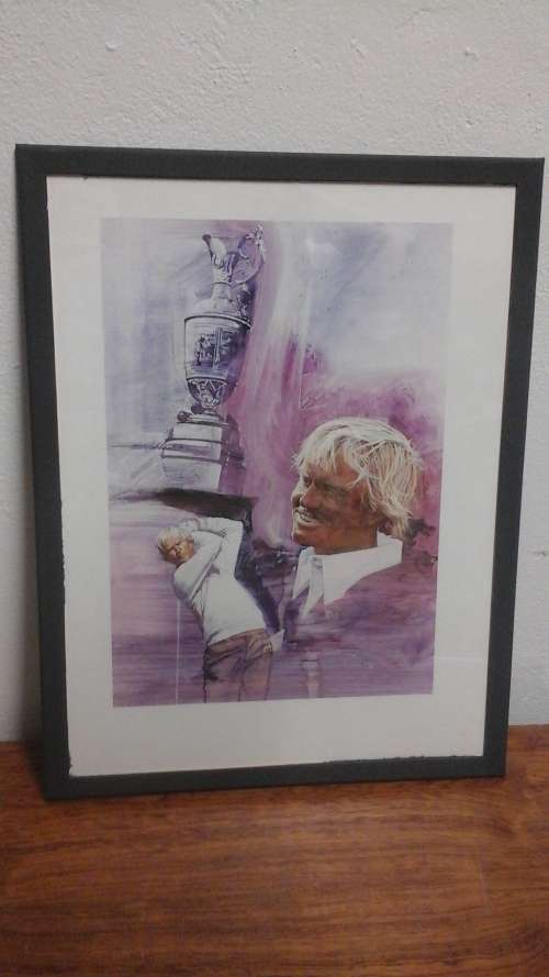 TERRIFIC CHALK PAINTED FRAME WITH A PHOTOGRAPH AND BIO OF GREG NORMAN. FANTASTIC!