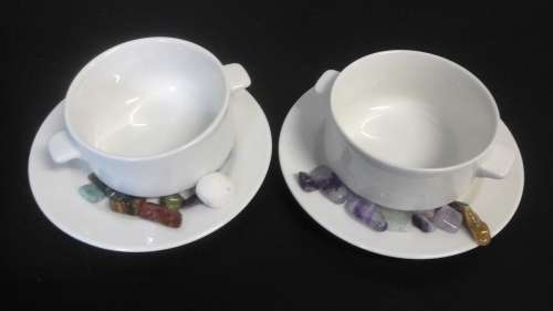 2 HIGHLY UNUSUAL AND COLLECTIBLE RAK PORCELAIN SOUP BOWLS AND SAUCERS. MADE IN THE U.A.E.