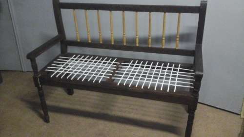 WOW!!! ITS A STUNNING VINTAGE LIGHT AND DARK WOOD RIEMPIE BENCH. POSSIBLY A THREE SEATER. NICE&LIGHT