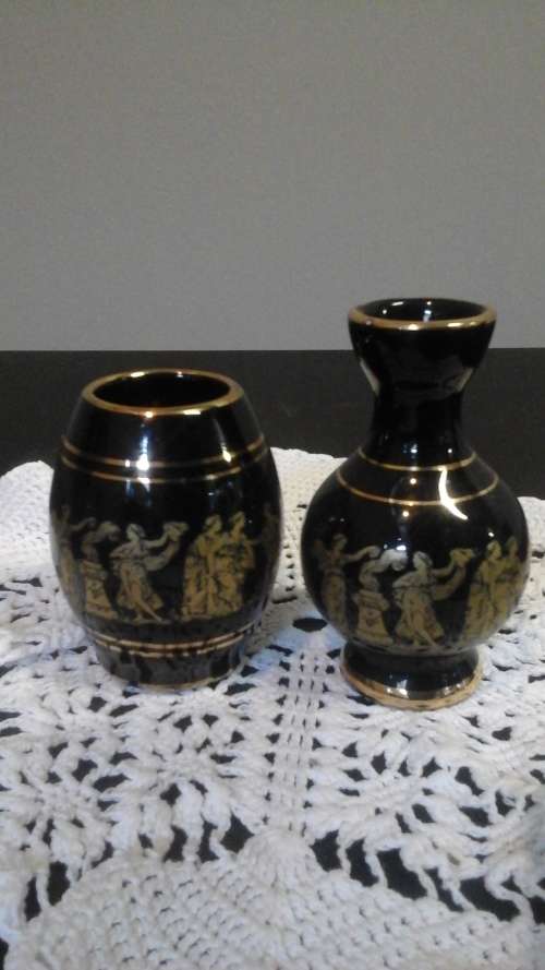 TWO ABSOLUTELY EXQUISITE VINTAGE MINIATURE BUD VASES. HAND MADE IN GREECE. GORGEOUS SET!