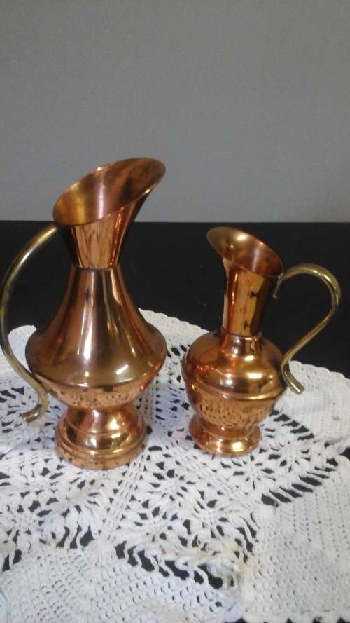 TWO ABSOLUTELY EXQUISITE VINTAGE COPPER AND BRASS JUGS. ABSOLUTELY GORGEOUS SET!