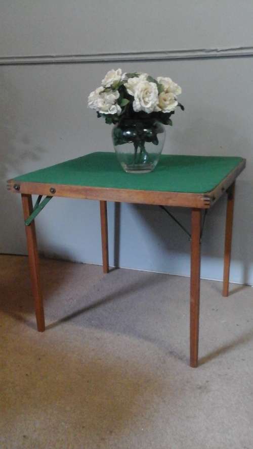 MAGNIFICENT VINTAGE WOOD AND FELT CARD TABLE. REALLY FANTASTIC PIECE!
