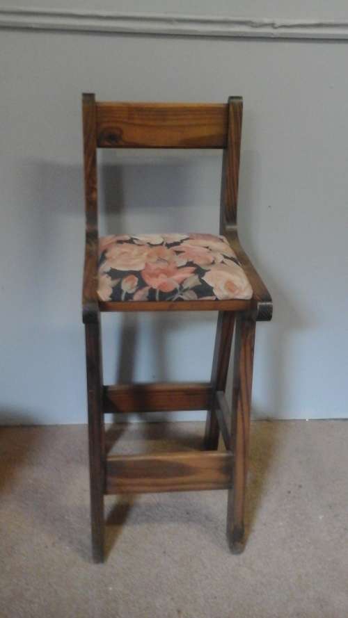 AWESOME VINTAGE WOOD AND FABRIC BAR STOOL. FABULOUS & STURDY!