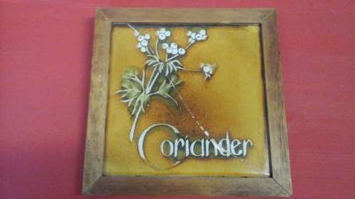 A MARVELLOUS FRAMED TILE WITH CORIANDER PRINTED ON IT AND A PICTURE.HANG IT OR USE IT AS A POT STAND