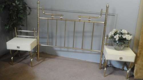WOW A MAGNIFICENT VINTAGE POSSIBLY BRASS AND WOOD HEAD BOARD AND SIDE PEDESTALS