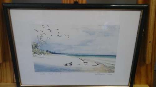 AN OUSTANDING TRANQUIL PRINT OF HIRANDELLE BIRD ISLAND  BY POSSIBLY MCCHARTRUS DATED 1987