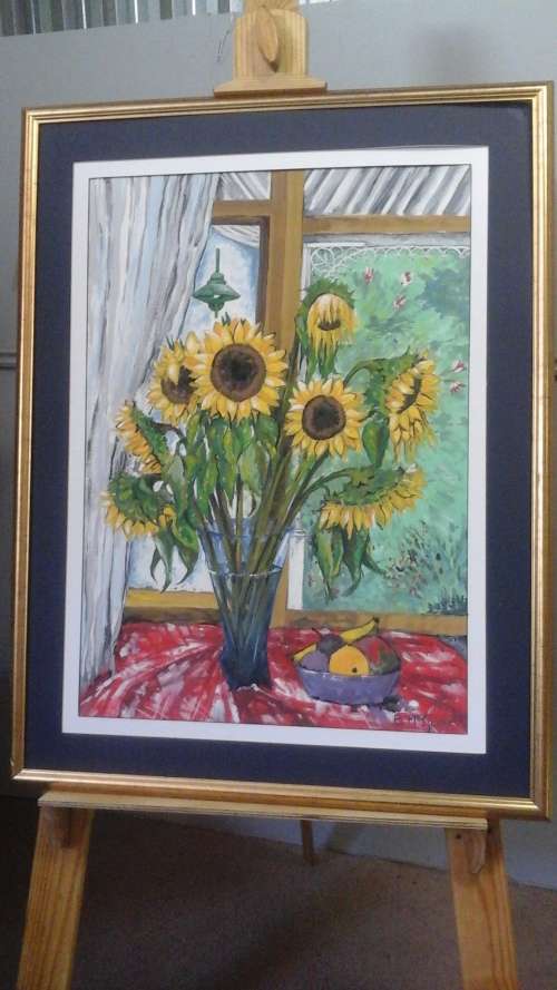 WOW AN ORNATELY FRAMED PICTURE/PAINTING OF SUNFLOWERS BY B MCGURK DATED 1997