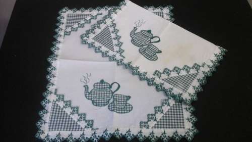 TWO EXQUISITE VINTAGE TRAY CLOTHS. MADE FROM COTTON. (SMALL) TEA PARTY DESIGN. GORGEOUS SET!
