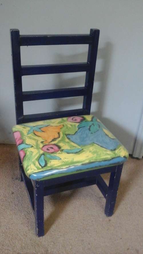 A MAGNIFICENT MADE TO SCALE CHILDRENS DINING ROOM CHAIR LADDERBACK,A PLASTIC COVERED FABRIC SEAT