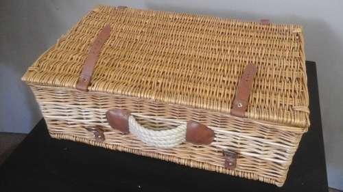 AMAZING VINTAGE WOOD AND RATTAN PICNIC BASKET. LEATHER? TRIMMING SIMPLY INCREDIBLE PIECE!