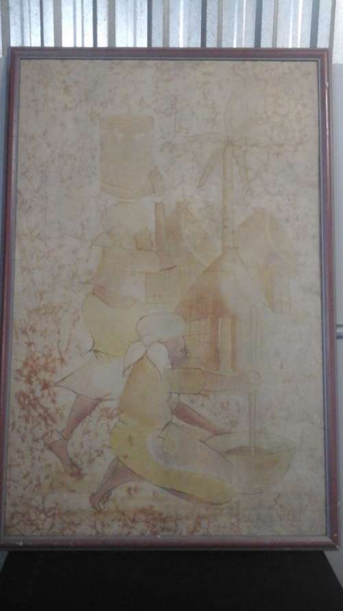 TERRIFIC VINTAGE FRAMED PRINT OF WOMAN IN A VILLAGE.STUNNING PIECE OR GREAT JUST FOR THE FRAME!