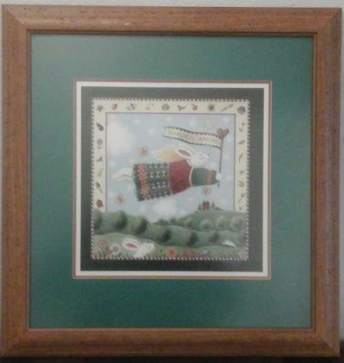 STUNNING COTTAGE STYLE FRAME WITH A COCO DOWLEY PRINT TITLED GARDEN ANGEL. CHEERFUL & COLORFUL!
