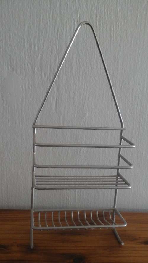 A STUNNING TWO SHELF HANGING STAINLESS STEEL BATHROOM SHOWER RACK. HANGS ON THE SHOWER HEAD