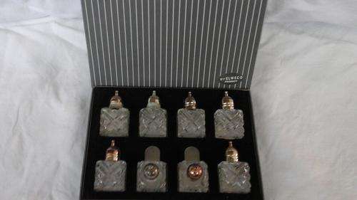 ORNATE ELEGANT GIFT BOXED 4 INDIVIDUAL SETS OF GLASS AND PLATED SALT AND PEPPER CELLARS BY ELWECO