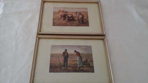 TWO BEAUTIFUL CALMING VINTAGE PICTURES OF PEOPLE WORKING THE LANDS. LOVELY OLD FRAMES