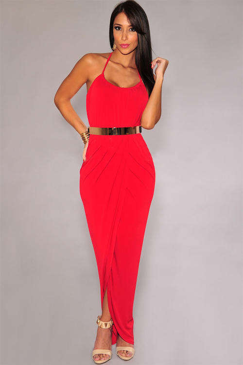HOT RED WITH GOLD BELT DETAIL MAXI DRESS