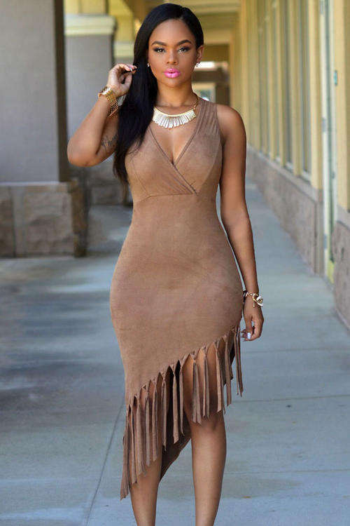 SEXY SUEDE FEEL FRINGE DETAIL DRESS