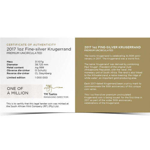 2017 Krugerrand 1oz Fine-Silver, Premium, Uncirculated