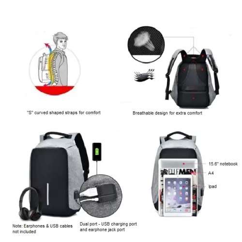 Anti theft backpack - Dual port - Grey