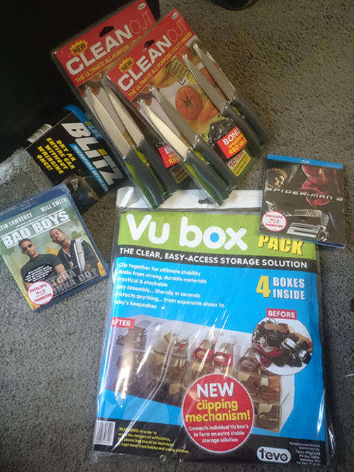 Assorted Items: Blu-Ray Movies, Kitchen knives, Blitz Cloths, Storage Shoe Boxes INCLUDES SHIPPING