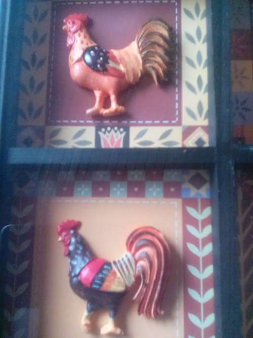 FOUR ROOSTERS ON WOODEN FRAME WITH GLASS FRONT