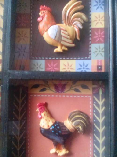 FOUR ROOSTERS ON WOODEN FRAME WITH GLASS FRONT