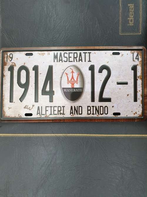 VINTAGE STYLE PRESSED METAL MASERATI NUMBER PLATE SIGN